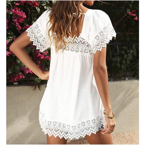 022 Boho White Lace Flowy Oversized Blouse - Picture 6 of 10